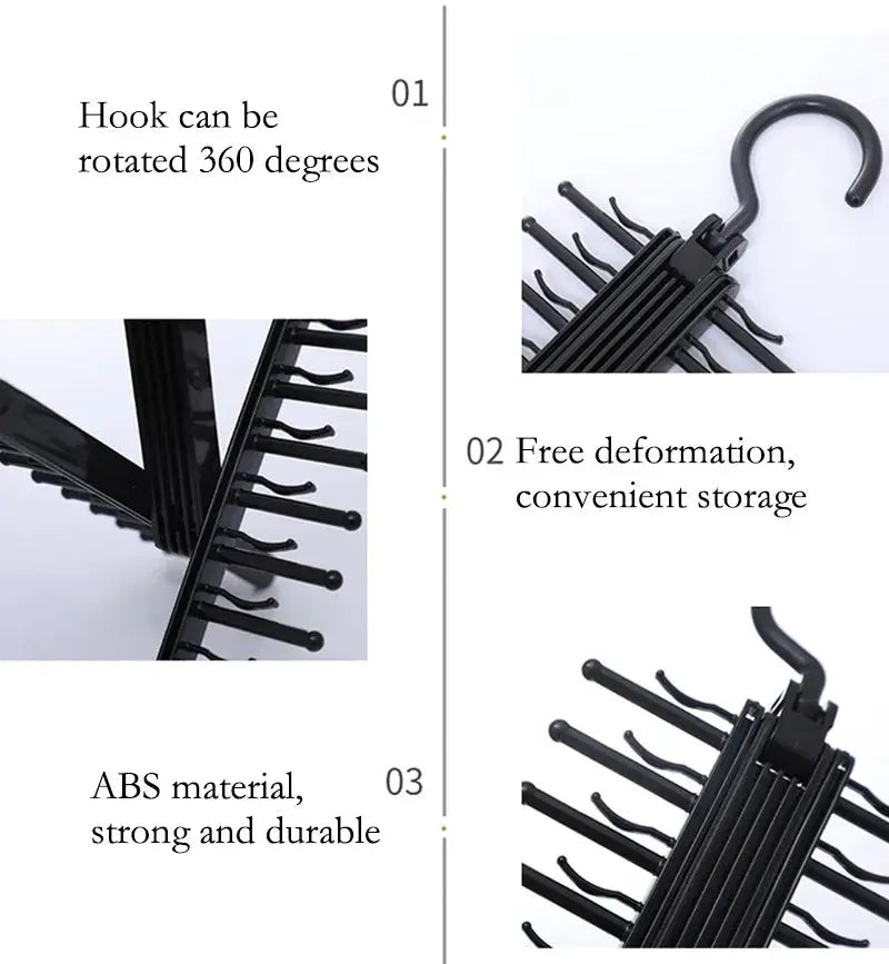 Adjustable tie storage rack by Simples Market, black ABS 360° rotating with multiple hooks.