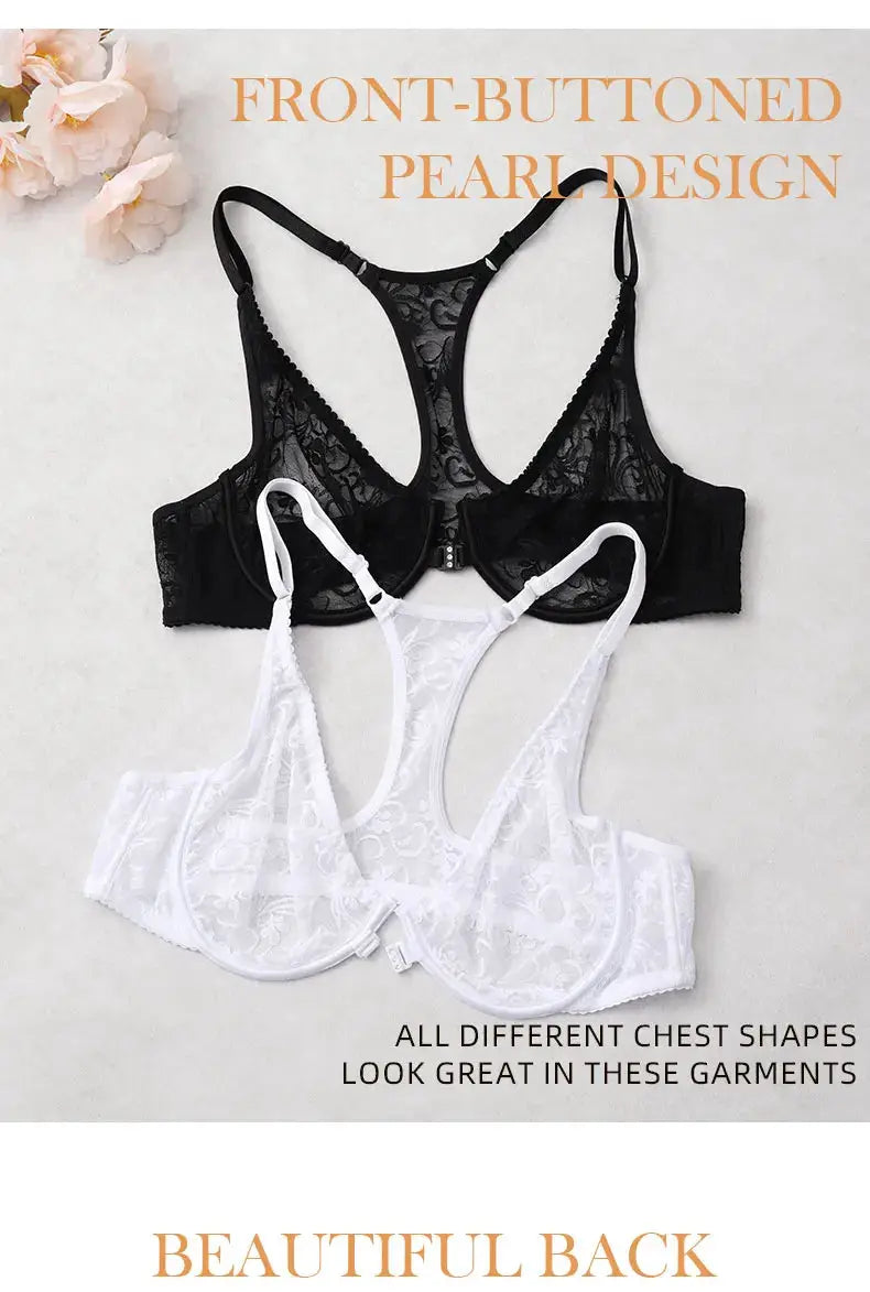 Simples Market set of 2 front-buttoned lace bras, black and white sheer floral designs