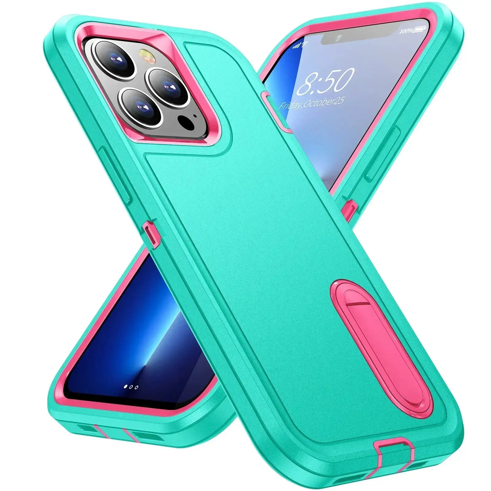 iPhone case turquoise silicone cover with pink trim; full-body protection for iPhone 13–17 Pro Max; two cases.