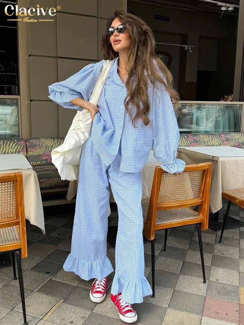 Clacive Plaid Cotton 3 Piece Set Long Sleeve Shirt High Waist Pants