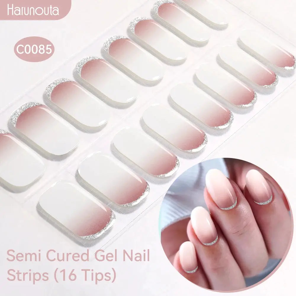 Harunouta gradient auroras semi-cured gel nail strips, 16 tips with pink-to-clear gradient and glitter tips