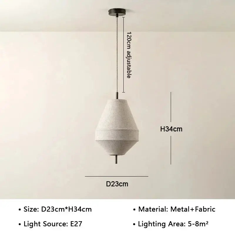 Pendant light Japanese Wabi Sabi fabric shade, beige with metal fittings, adjustable 120cm cord