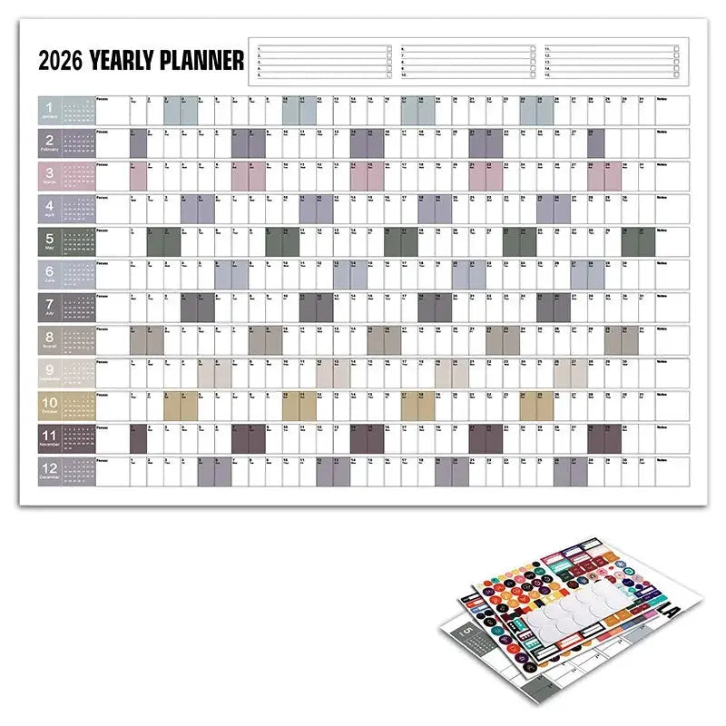 2026 yearly planner wall calendar with color-coded daily blocks and sticker sheets (2 items)