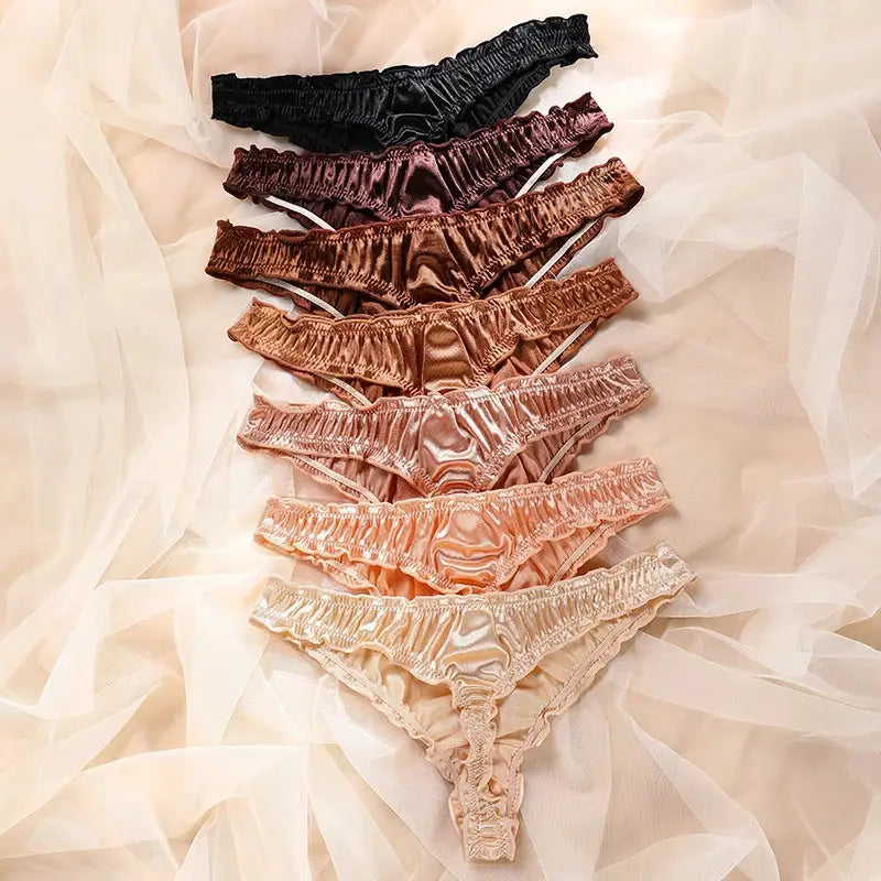 7-piece women's satin ice silk seamless no-show panties set with frill trim in assorted colors