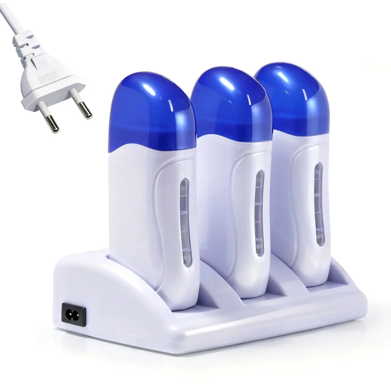 Triple roll-on wax warmer set with three white units and blue caps; family-friendly hot wax heaters