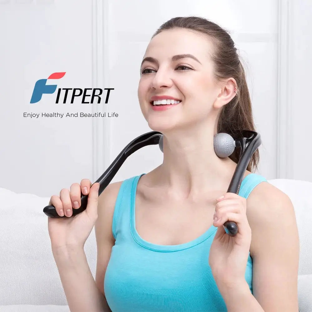 Neck massager Shiatsu dual-trigger with ergonomic black curved handle and gray massage nodes; FITPERT logo visible.