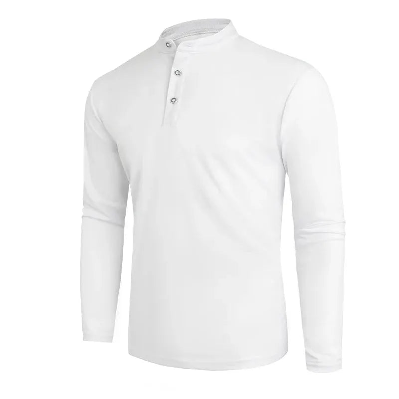 Men's Henry polo long-sleeve shirt, white, breathable solid-color casual polo.