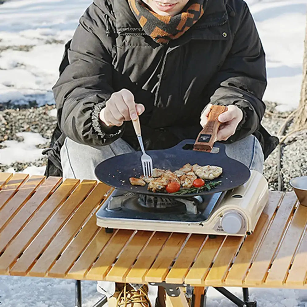 Outdoor grill pan with solid wood anti-scald handle and adjustable clip for camping cookware