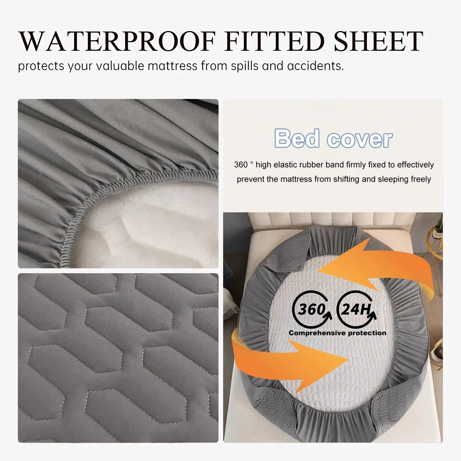 Simples Market waterproof quilted fitted mattress cover in gray; elastic 360 band, fits 150/160/180x200.