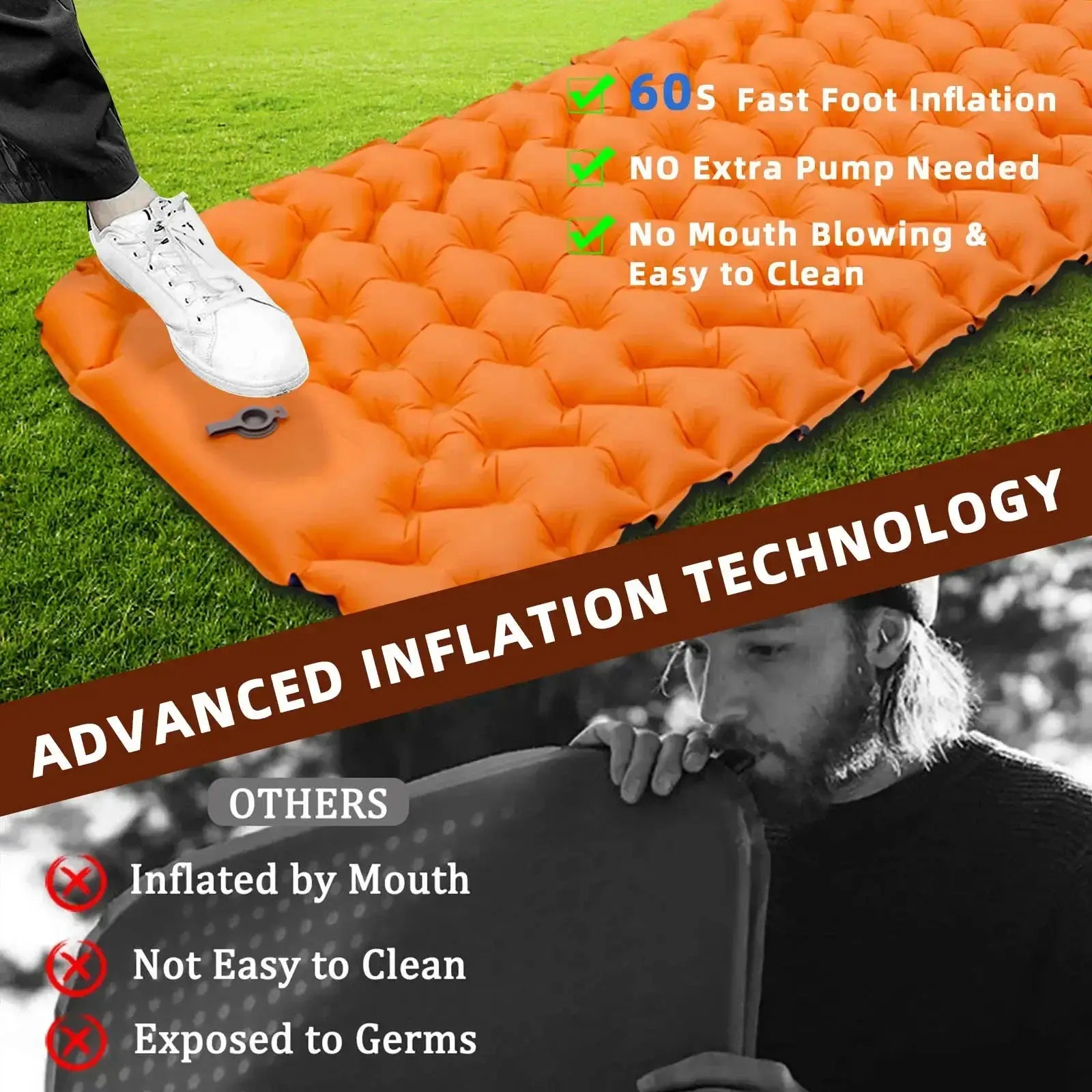 Simples Market orange camping inflatable sleeping pad on grass, with inflation valve visible