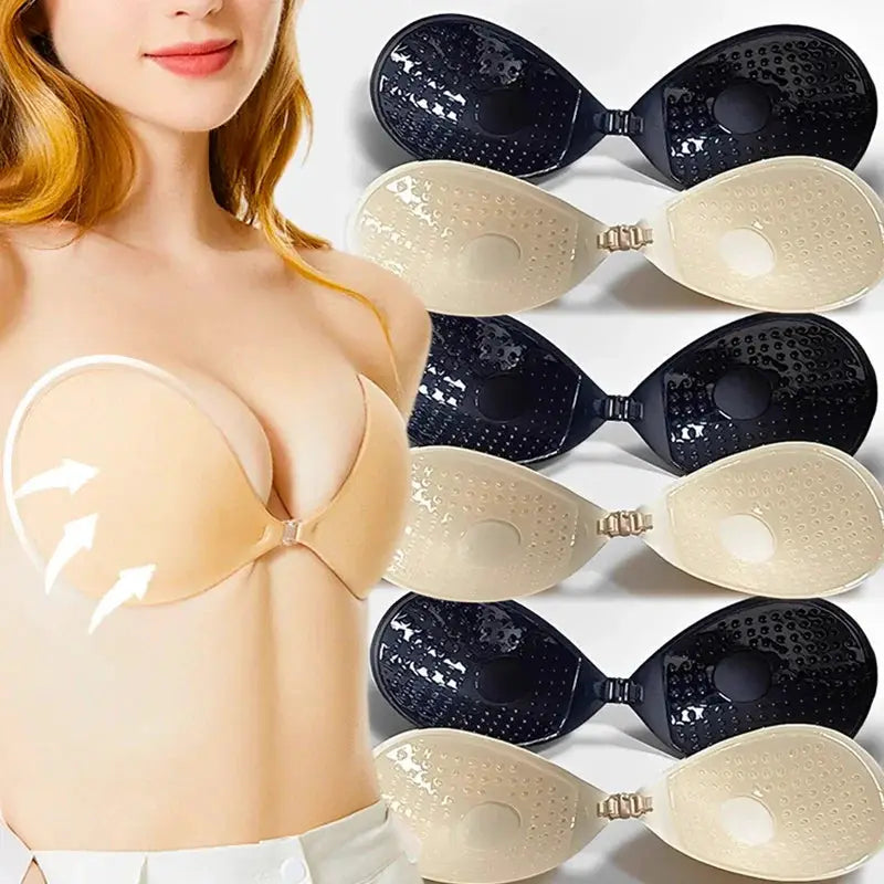 Simples Market set of 5 strapless adhesive bras in beige and black, silicone, push-up, invisible
