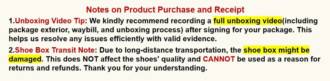 Running shoes purchase notes page with unboxing tips and shoe box damage warning.