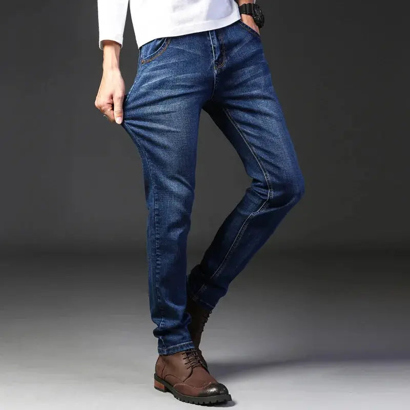 Men's blue stretch slim-fit denim jeans for casual business wear