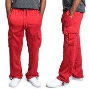Two pairs of men's red cargo sweatpants with drawstring waist, loose fit, and cargo pockets.
