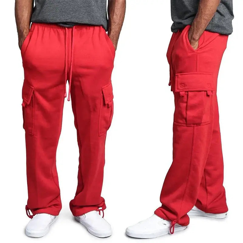 Two pairs of men's red cargo sweatpants with drawstring waist, loose fit, and cargo pockets.