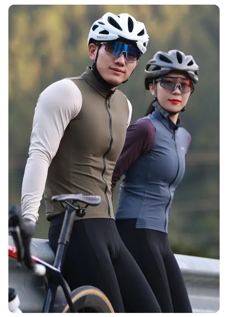 Winter cycling clothing set on two riders; olive green and blue-gray fleece jerseys with pockets for road bikes