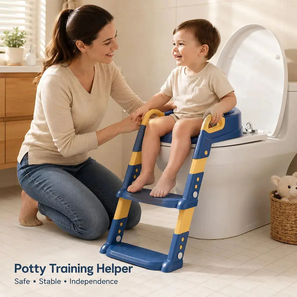 Potty training step stool by Simples Market, blue and yellow with safety handles for toddlers