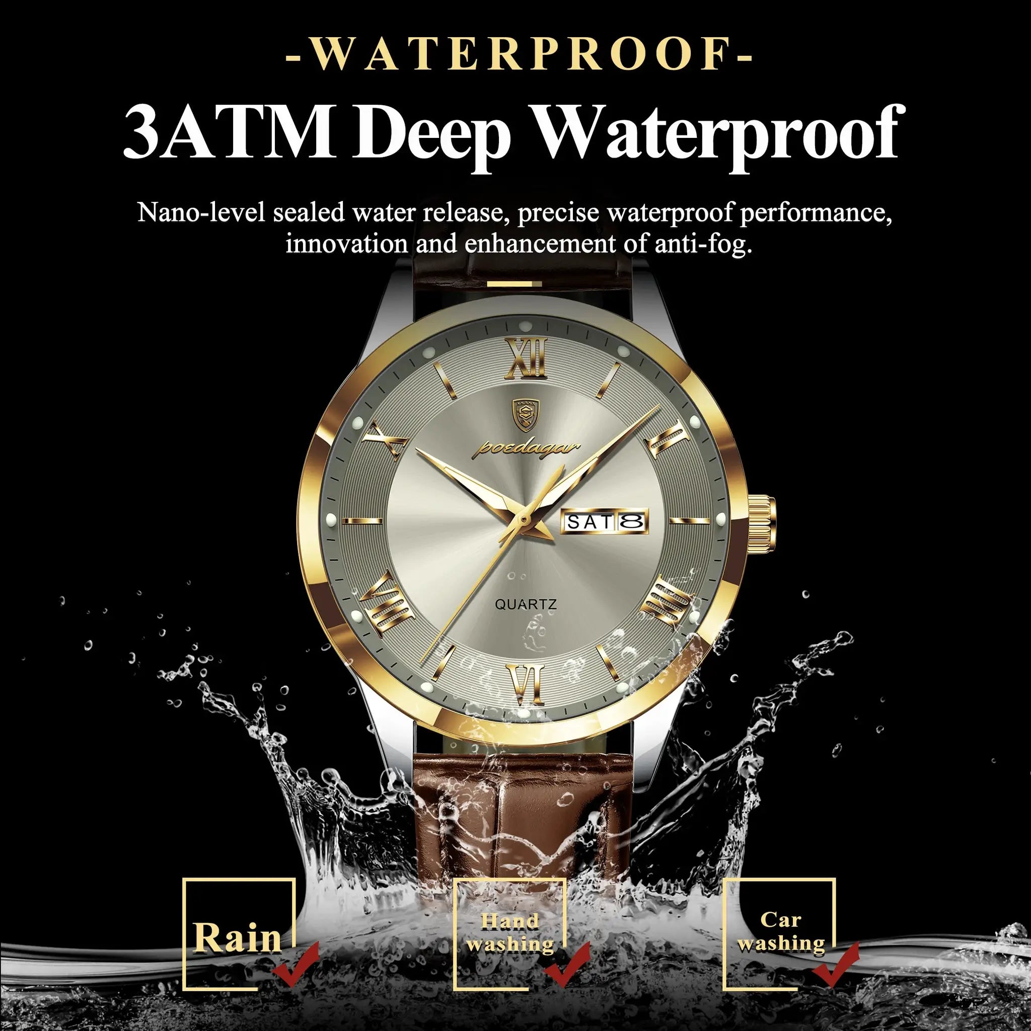 POEDAGAR Original Men Leather Strap Quartz Watch Luminous Waterproof Stainless Steel Case Timepiece
