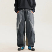 Men's outdoor lightweight quick-dry wide-leg track cargo pants in gray with color-block panels and drawstring waist