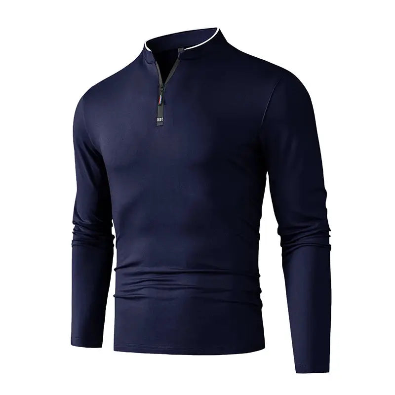 Men's navy stand-collar half-zip long-sleeve shirt by Simples Market; slim-fit casual top.