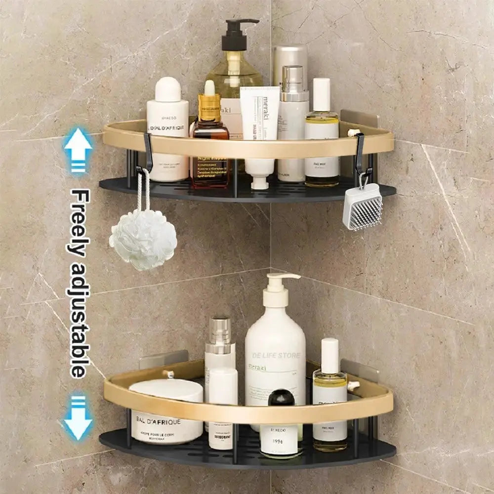 Simples Market bathroom wall-mounted corner shelf caddy, two-tier aluminum with gold rims