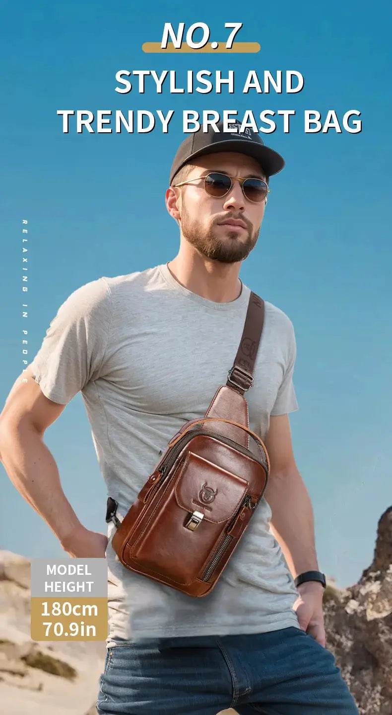 BullCaptain men's genuine brown leather chest bag with crossbody strap for 7.9-inch phones