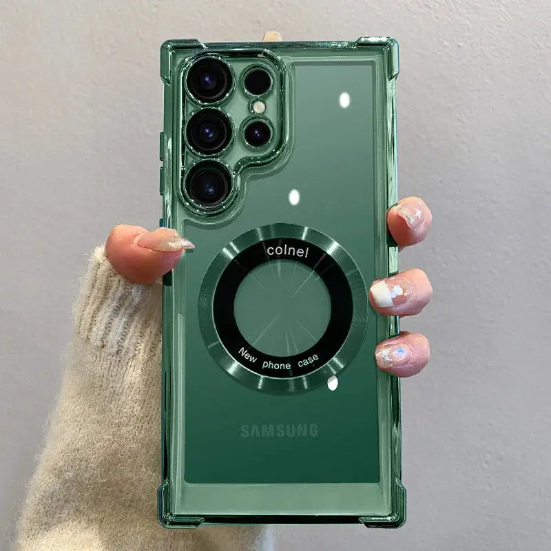 Magnetic wireless charging case by Simples Market in green with clear lens protection and circular kickstand ring