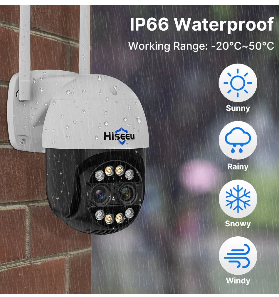 Hiseeu 4K 8MP dual-lens PTZ wifi outdoor camera, 8x zoom, IP66 waterproof, full-color night vision.
