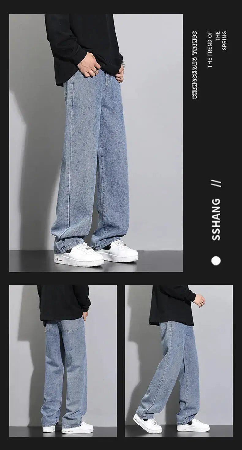 Simples Market 2026 Korean men's casual long jeans, light blue wide-leg denim pants