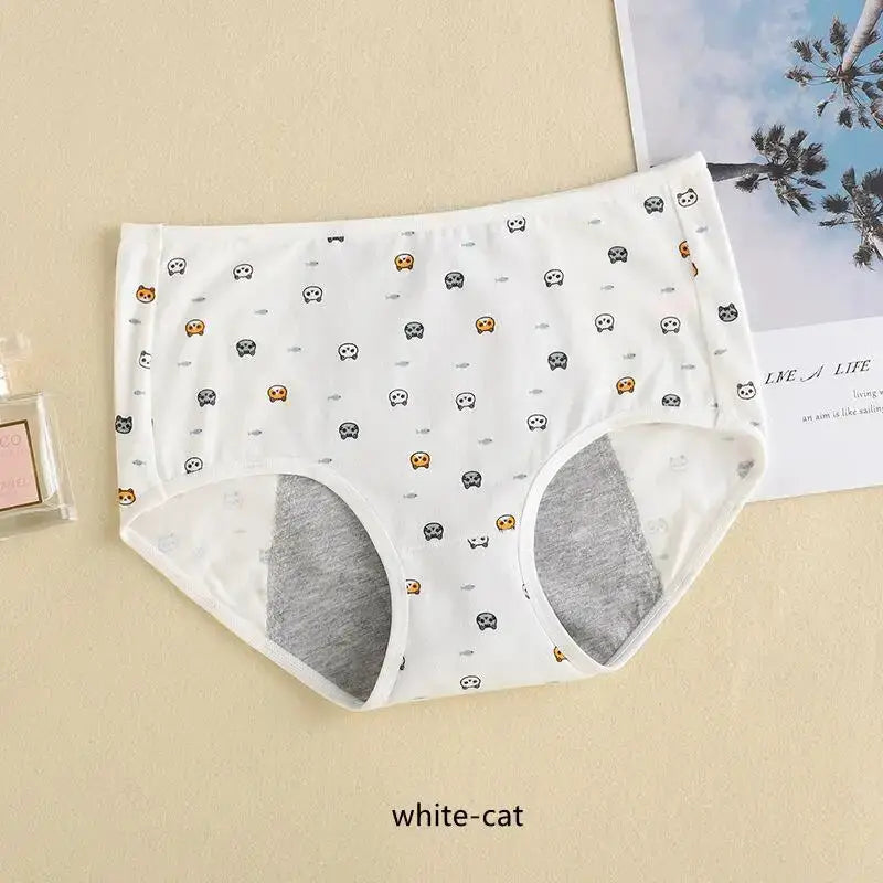 Girls’ white cotton menstrual underwear with panda cartoon print; leak-proof briefs by Simples Market
