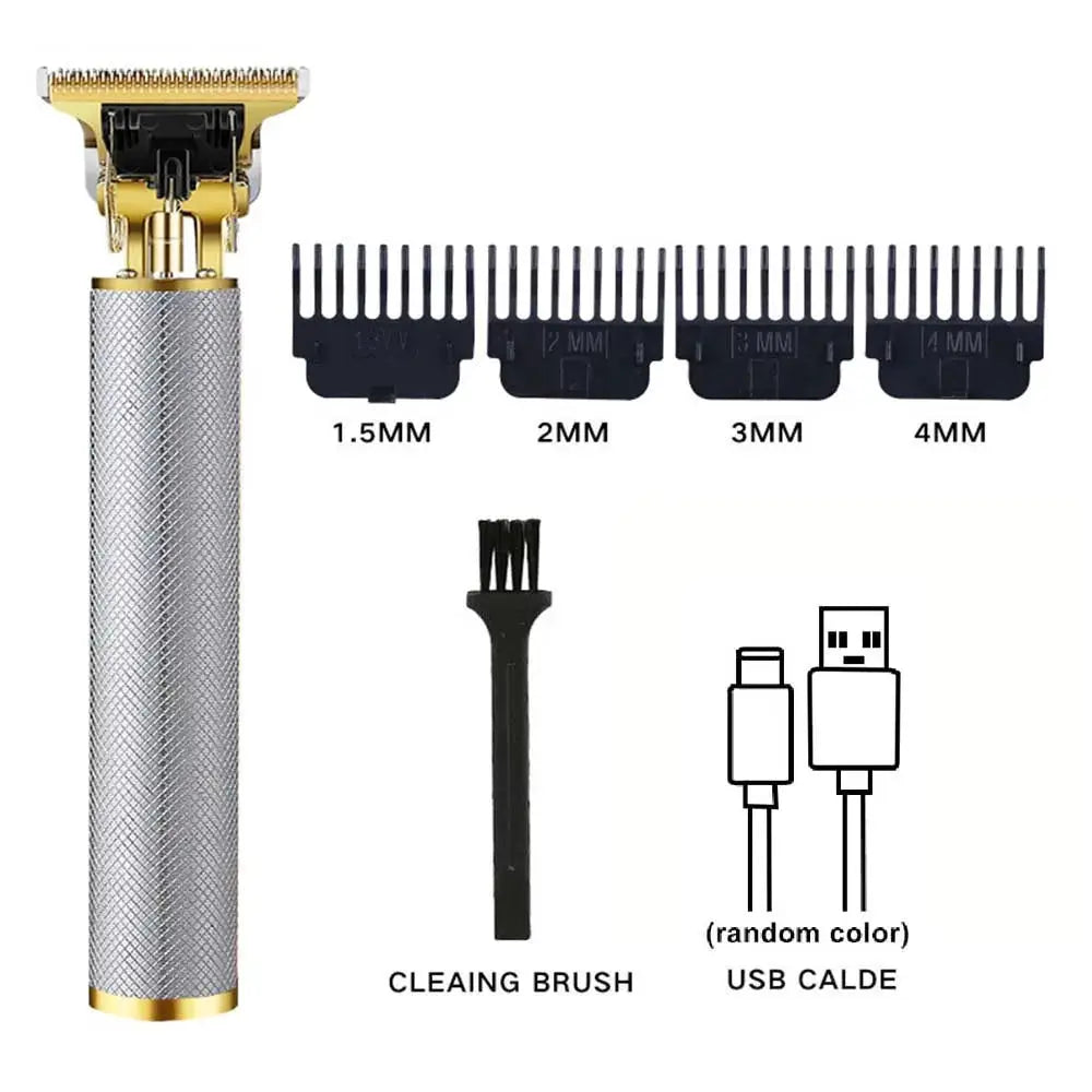 Professional hair clipper and trimmer set by Simples Market with gold-tone handle, 4 comb guards, USB cable.