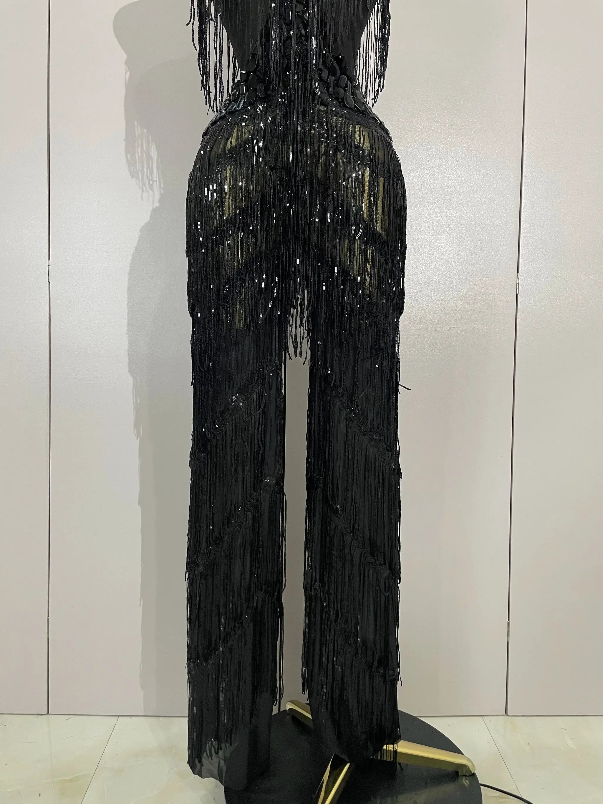 Sparkly black rhinestone sequined fringe jumpsuit by Simples Market, women's nightclub stage costume