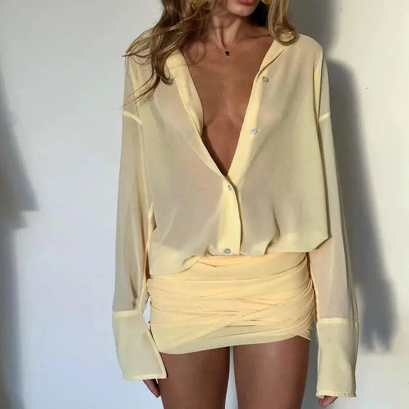 See Through Mini Dress With Flare Sleeves Ruched Bandage Club Party