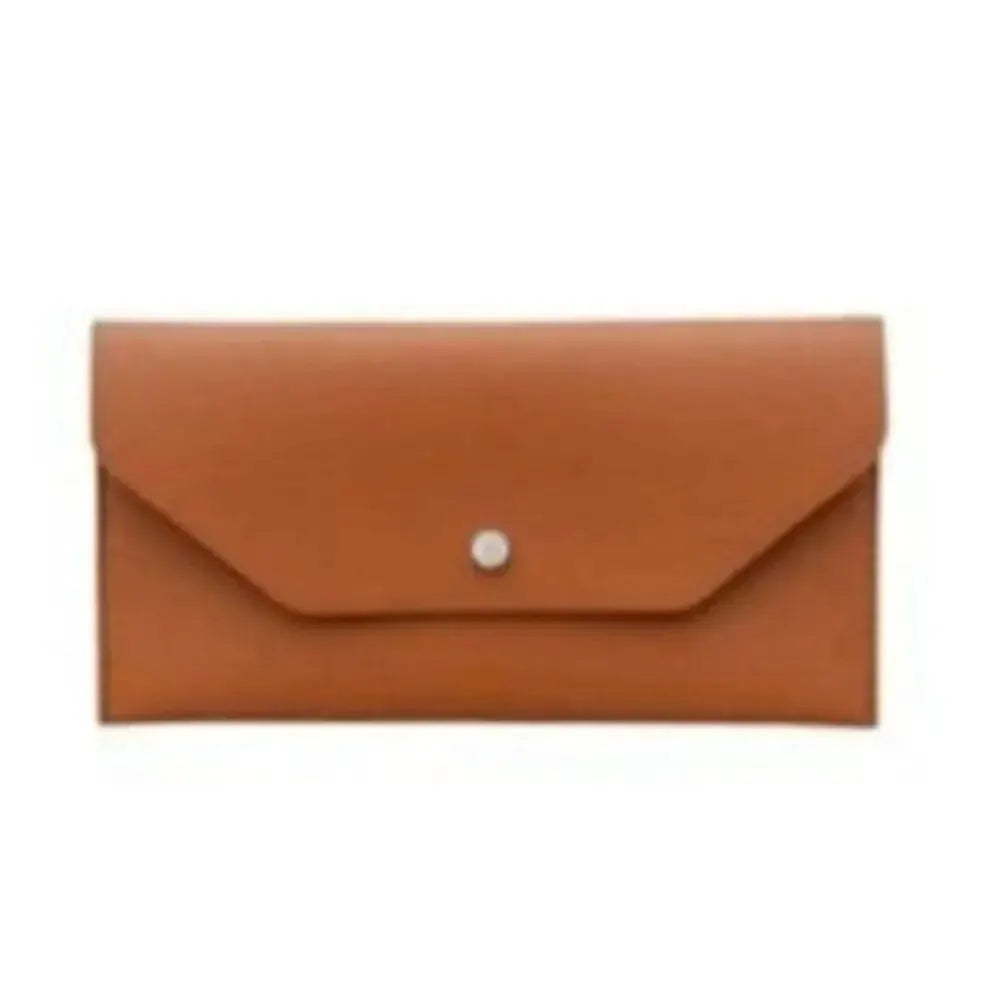Leather wallet in tan with envelope-style flap and snap closure