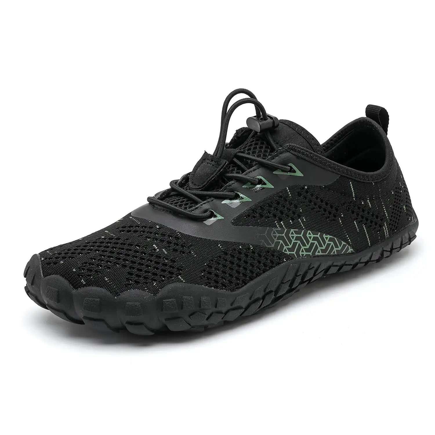 Men's black minimalist trail running shoe with breathable mesh upper, lace-and-toggle closure, and rugged outsole.