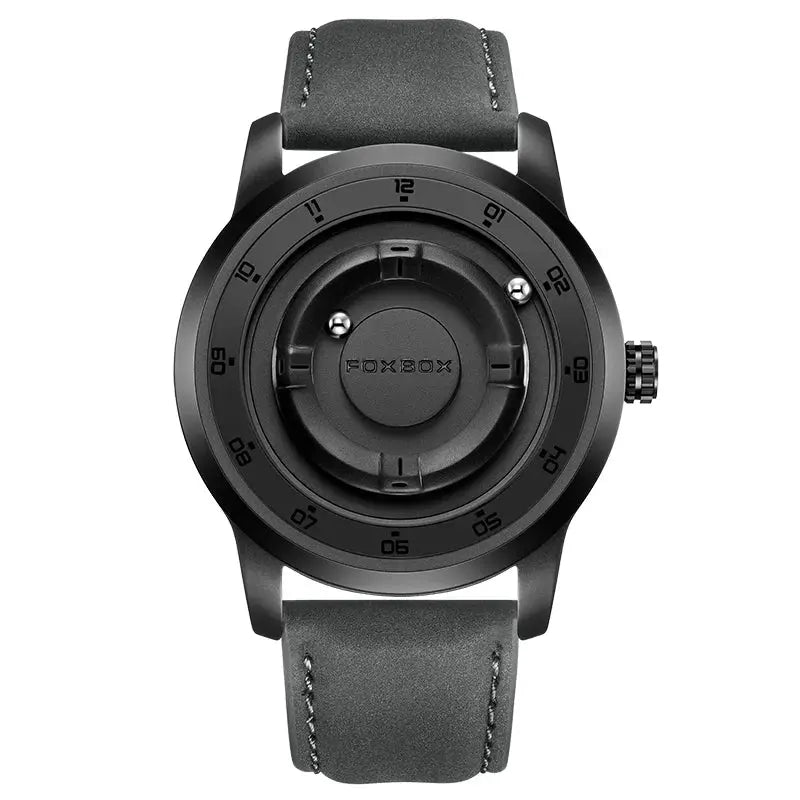 FOXBOX men's wristwatch with black case, gray strap, and centered FOXBOX logo on the dial