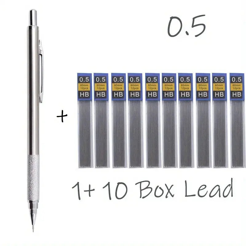 Simples Market all-metal mechanical pencil with 0.5mm lead and 1+10 HB lead refills (blue-topped boxes)