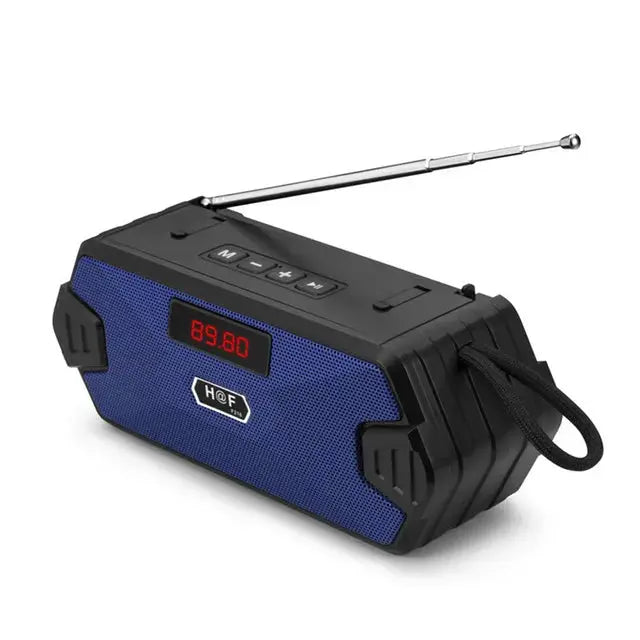 Bass Hifi outdoor portable Bluetooth speaker with FM radio and AUX input, blue rugged design