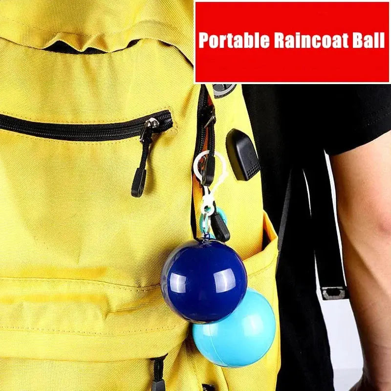 Portable raincoat ball keychain with two blue balls hanging from a yellow backpack