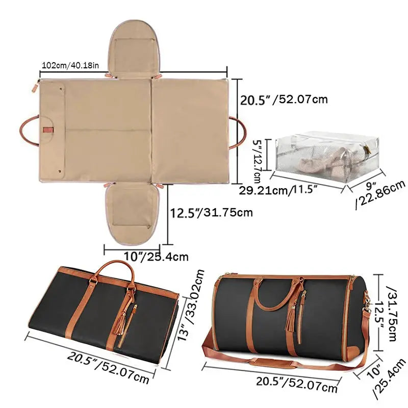 Foldable women's travel duffel bag set in PU leather; beige carry-on layout plus two black leather styles (3 bags)
