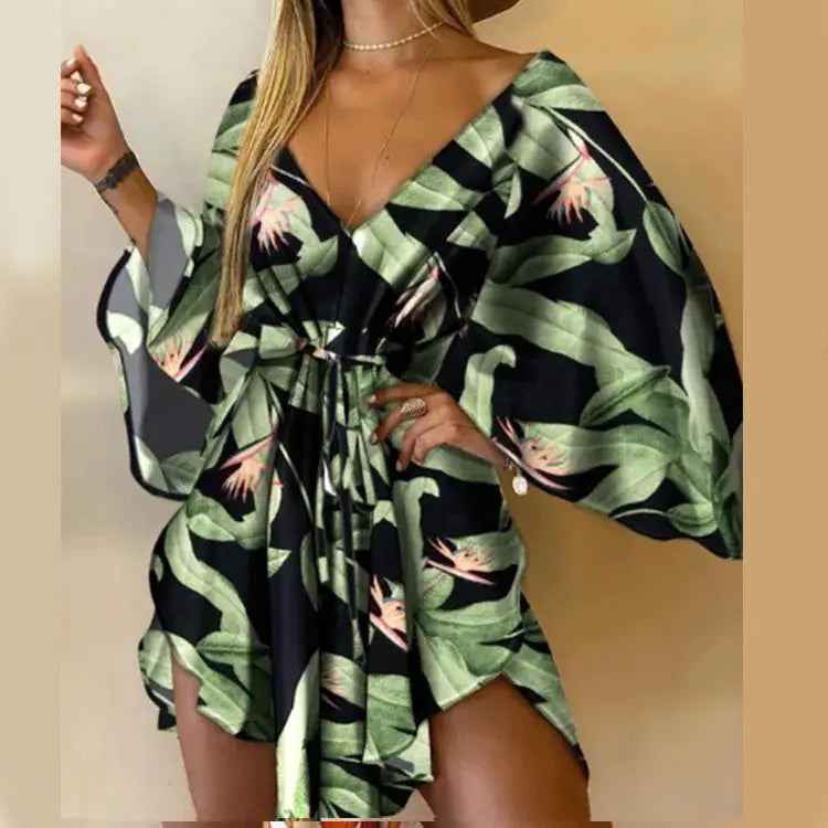 Women Boho Floral Print V Neck Bat Sleeve Ruffle Sundress Beach