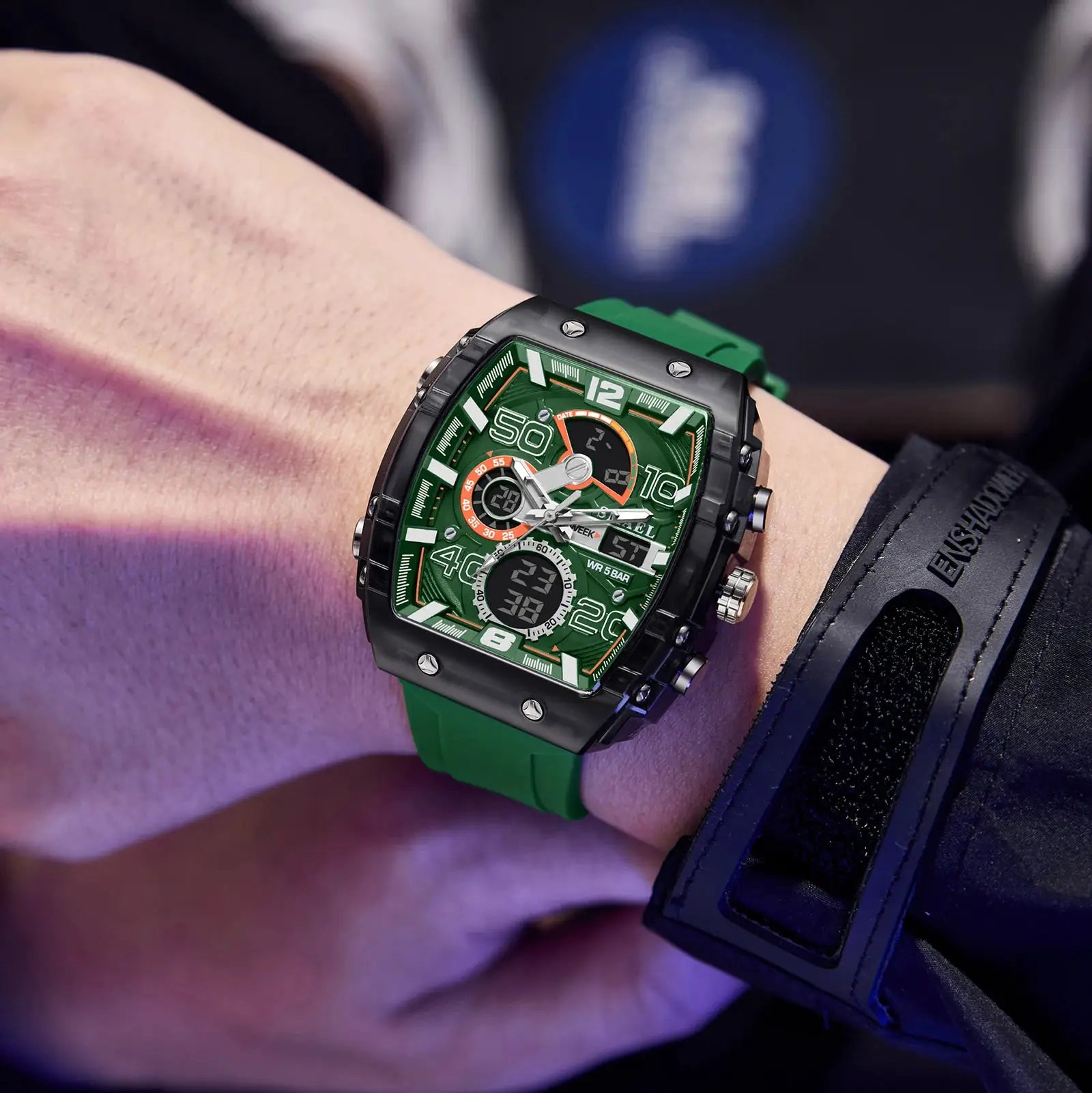 SMAEL 8109 men's square dual-display sport watch with green dial, black case, and green silicone strap