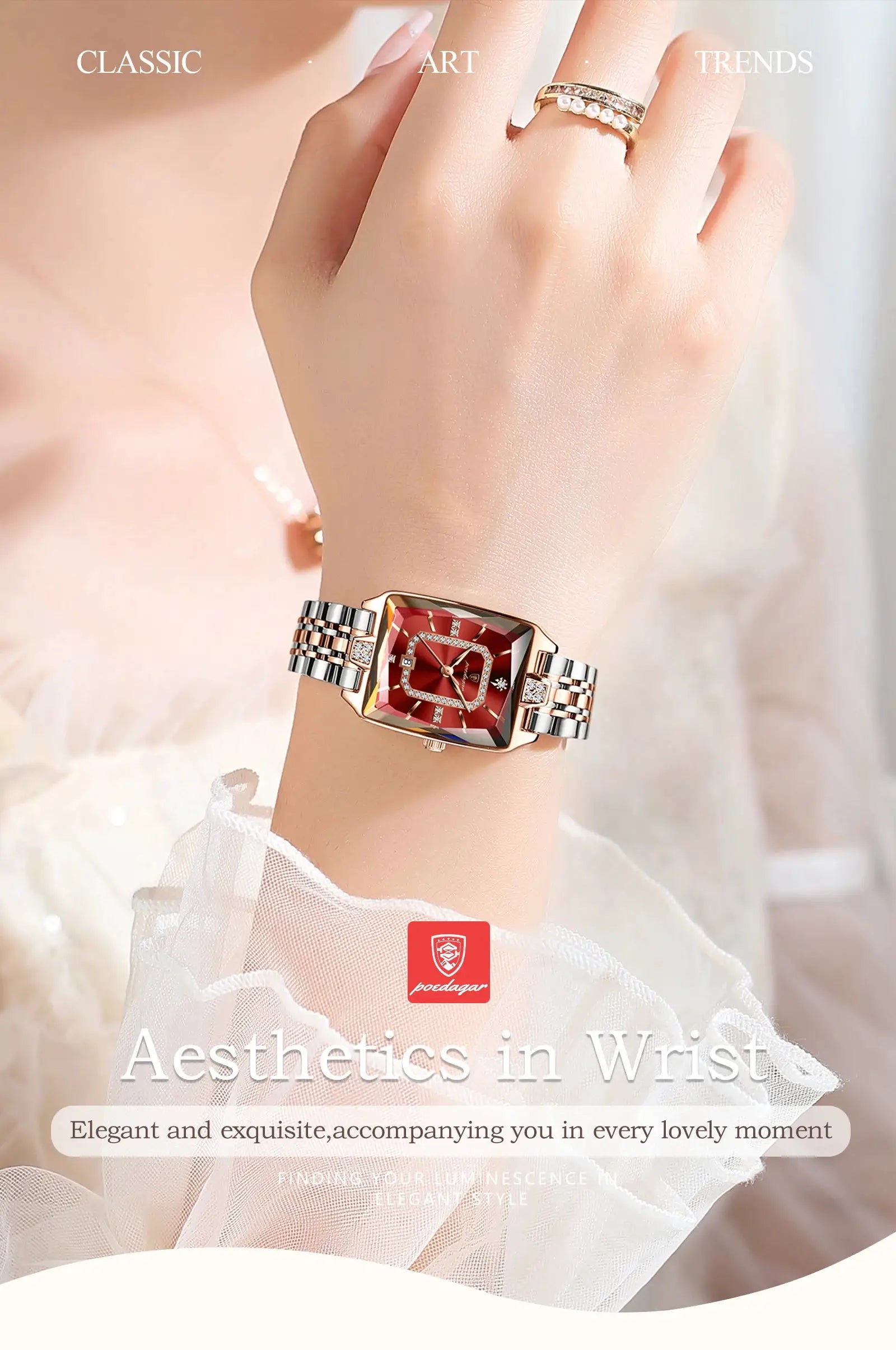 POEDAGAR luxury rectangle women's watch with red dial, two-tone stainless steel bracelet and diamond accents