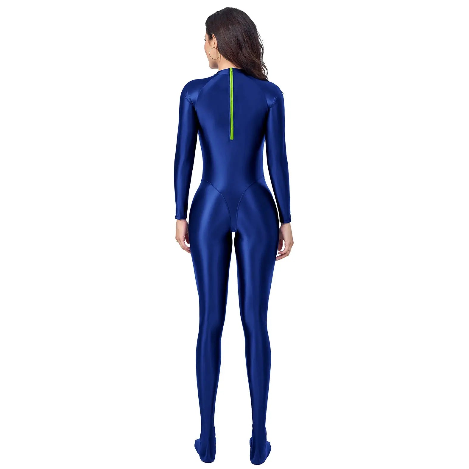 AMORESY women's blue wet-look catsuit with neon-green back zipper; full-body Zentai jumpsuit