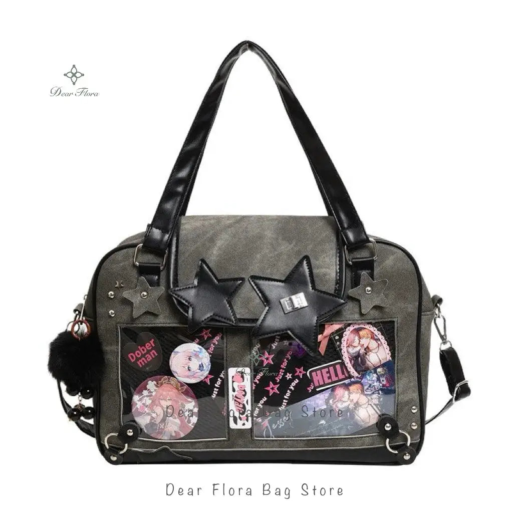 Y2K star ita bag with transparent pockets, gray fabric and black handles, star accents