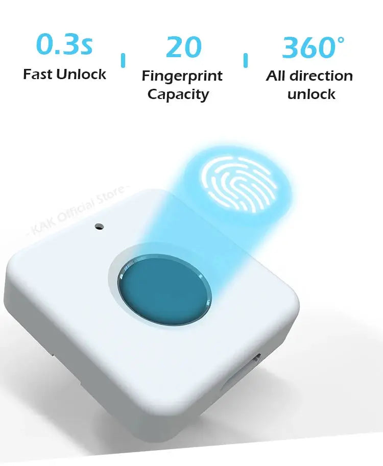 KAK biometric fingerprint lock, white smart drawer lock with blue fingerprint sensor and 20 fingerprint capacity.
