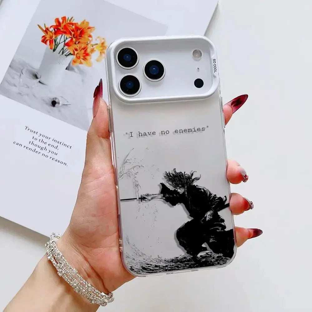 V-Vagabond S-Samurai clear iPhone case for iPhone 11-17 Pro Max with black samurai silhouette and I have no enemies text