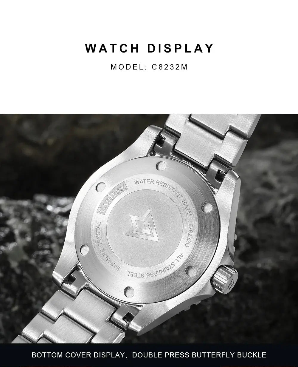 CADISEN Aqua Diver stainless steel automatic men's watch; back view shows CADISEN logo and 100M water resistance.
