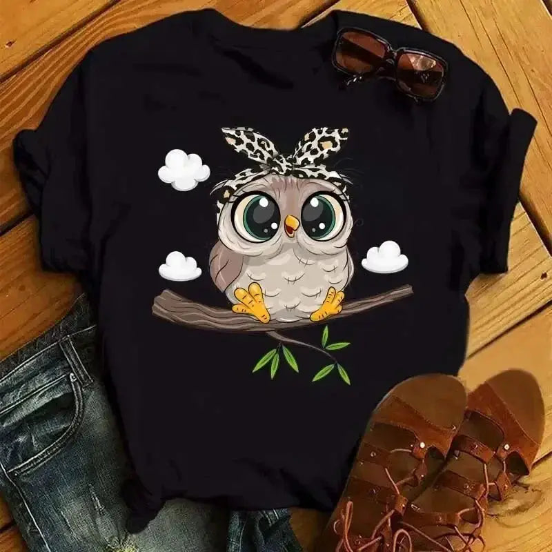 Cartoon Owl Print Women T Shirt Kawaii Graphic Tee Casual Short Sleeve O Neck Harajuku Style Black