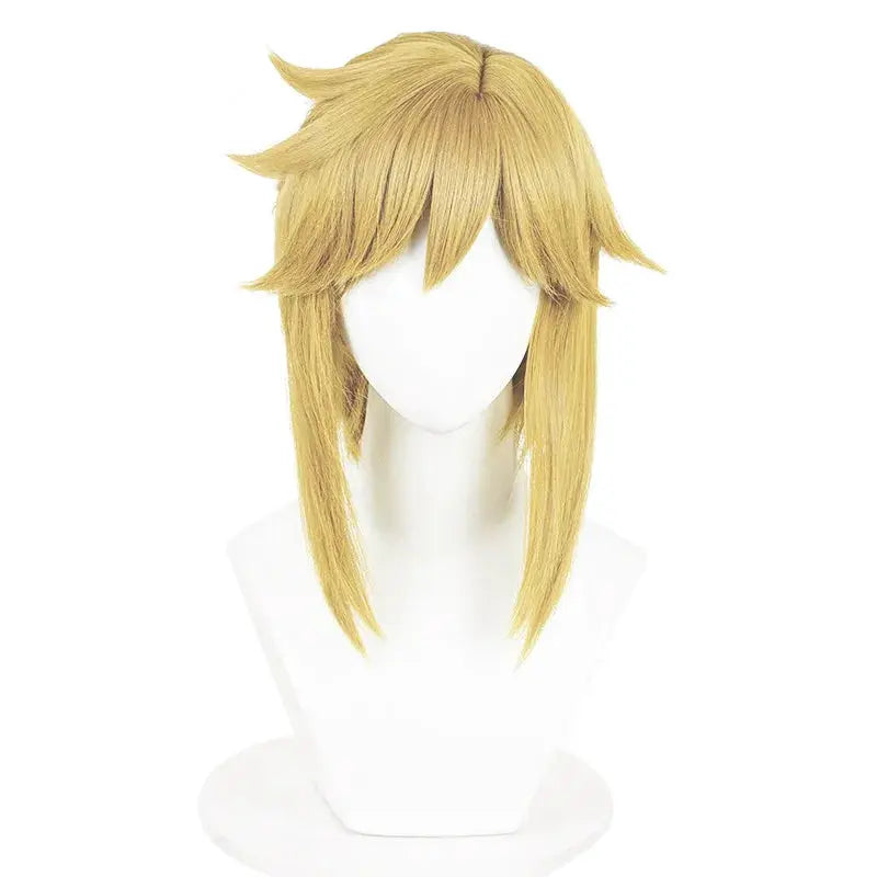 Link cosplay blonde wig on display; long layered golden bangs, heat-resistant synthetic.